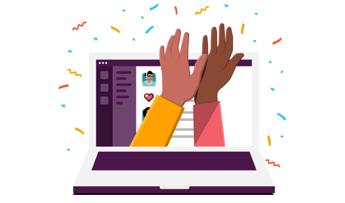 Illustration d’un ordinateur portable entouré de confettis, d’où deux mains sortent de l’écran pour se féliciter