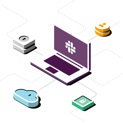 Illustration de Slack pour la sécurité montrant un ordinateur portable se connectant à quatre icônes différentes.