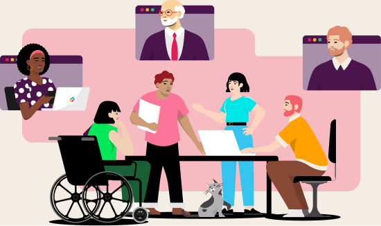 Illustration of seven people working together in person and remotely.