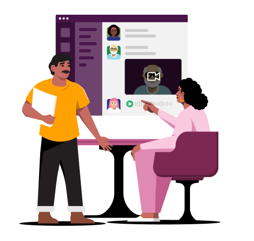 Two colleagues discuss work in front of a Slack UI showing a clip