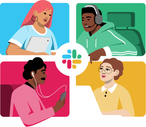 Illustrated image of four colleagues working together with the Slack logo at the center.