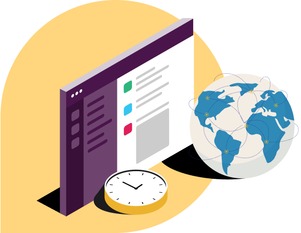 Un espace de travail Slack, une horloge et un globe illustrant des utilisateurs dans le monde entier
